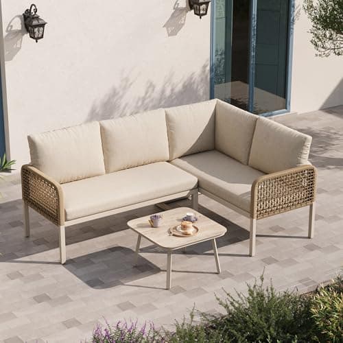Image of ModernLuxe 4 Seater Garden Furniture Set, Convertible Polyester Rope Conversation Set with Sofa and Armchairs, Wood-Look Tempered Glass Table, Weatherproof Outdoor Patio Corner Sofa, Beige