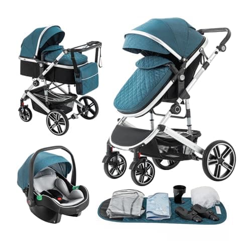 Image of Gcarebb 3 in 1 Prams Travel System, Pushchair with Height Adjustable Handle, Travel Pram with Mosquito Net, Baby Stroller with Aluminum Frame for Newborn 0-4 Years