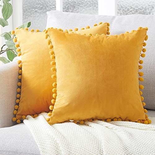 Image of Topfinel Cushion Covers 45x45,Yellow Cushion Covers 18 x 18 inches,Boho Outdoor Mustard Velvet Pom Pom Cushion Cover with Invisible Zip for Sofa Chair Living Room,Pack of 2…