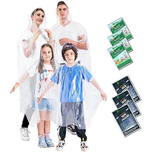 Image of SWOGAA Disposable Rain Ponchos for Kids and Adults (Family 6 Pack) -50% Extra Thicker Men or Women Waterproof Emergency Rain Ponchos with Hood - Clear