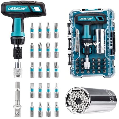 Image of LIBRATON 24PCS Universal Socket & Ratchet T-Handle Screwdriver Set with Multi Bit Set, Magnetic Ratcheting Handle, Socket Adapter, with Storage Case, for DIY, Auto Repair