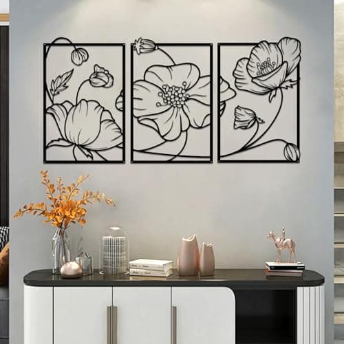 Image of YiYa 3 Pcs Black Metal Wall Art Metal Flower Wall Decor Floral Line Hanging Wall Sculpture Minimalist Line Art Modern Aesthetic for Home Bedroom Kitchen Living Room(flower)