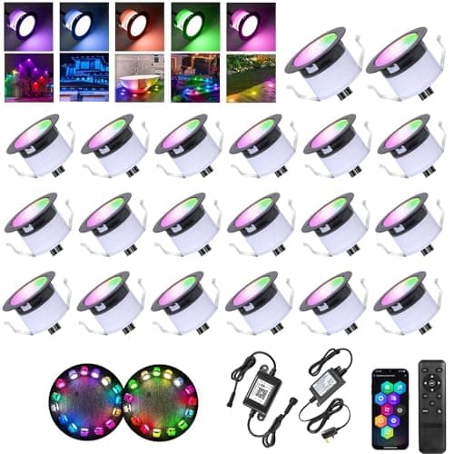 Image of WiFi LED Decking Lights RGBW,Decking Patio Lighting Ø31MM 12V 0.6W IP67 Waterproof Smart Led Plinth Light Multicolor Chasing Effect Timer Recessed Deck Lights for Terrace Pathway Floor Decor-20 Pack