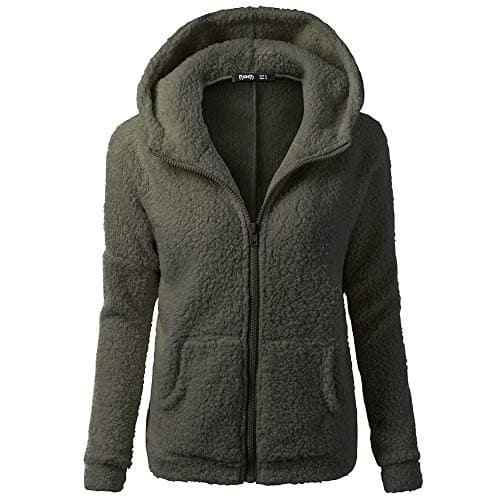 Image of Army Green Teddy Fleece Sweatshirts Womens Winter Warm Sherpa Full Zip Up Hooded Jacket Fuzzy Hoodies with Pockets Stylish Soft Plush Fluffy Solid Color Oversized Hoodie Outwear Coats for Ladies