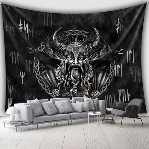 Image of Arsey Viking Tapestry Wall Hanging with Odin and Raven Gifts for Men, Runes Tapestries Decor Bedroom Home 300 x 180 cm, Black