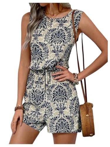 Image of GORGLITTER Women's Floral Tie Front Shorts Jumpsuit Sleeveless Summer Playsuit Crewneck Loose Casual Romper Vacation Vintage Outfit Holiday Clothes Blue Floral M