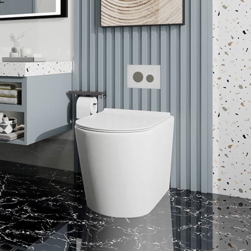 Image of Rimless BTW Back to Wall Toilet and Concealed Cistern Round Short Projection Compact Toilet White Ceramic WC Pan Slim Soft Close Seat Modern Eco Flush Bathrooms Toilets