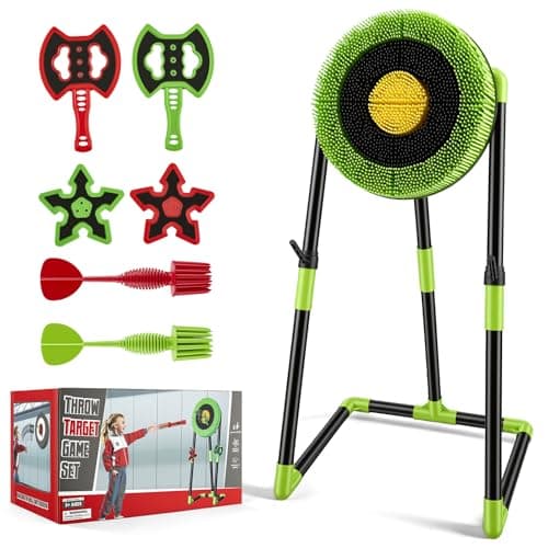 Image of Axe Throwing Game Set for Kids Adults, Complete Indoor Outdoor Throwing Target Game with Stand, 2 Axes 2 Ninja Stars 2 Darts, Large Archery Target Garden Dart Board for Family Garden Party Activities