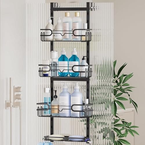 Image of HapiRm Shower Caddy Hanging Black - 4 Tier Over Door Shower Caddy with 2 Soap Holders, Adjustable Bathroom Shelf with 22 Hooks, Rustproof Easy Installation Shelf Organiser Hanging for Bathroom