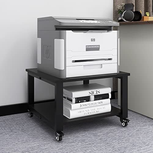 Image of PUNCIA 2 Tiers Movable Laser Printer Copier Stand Cart 50x50x32cm Under Desk Heavy Duty Rolling Table with Storage Floor-Standing Holder on Wheels Fax A4 Paper Organizer Shelf for Home Office Black