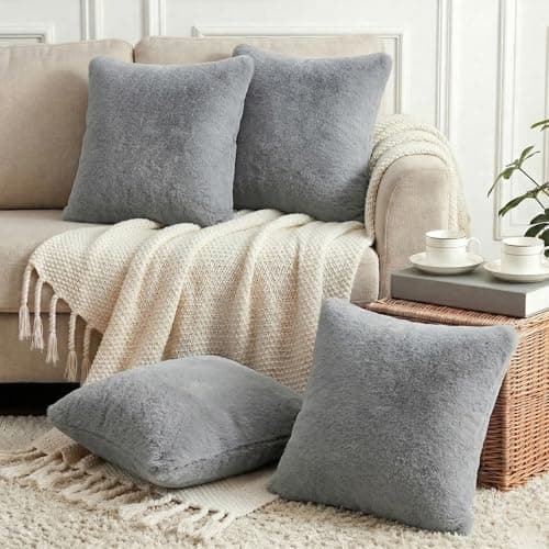 Image of Thmyo 4-Pack Faux Fur Cushion Covers Fluffy Soft Throw Pillow Cases Super Soft Plush Cushion Covers Fashion Home Decorative Pillowcases for Sofa Bed Couch,Grey,18x18inch