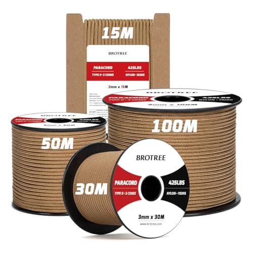 Image of Brotree 3mm Paracord 425 100% Nylon 30M Rope 3 Strands Type II Parachute Cord for Outdoor, Craft, DIY - 192kg Breaking Load (Coyote Brown)