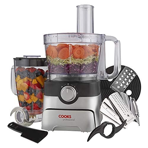 Image of Cooks Professional Food Processor 1000W with 7 Blades, 2L Mixing Bowl & 1.8L Blender Jug | Multifunction Kitchen Chopper & Blender Tool for Chopping Slicing Grating Kneading Blending | Black & Silver