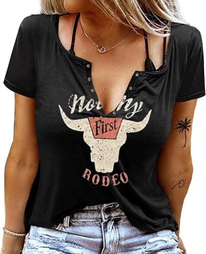Image of Sxkayxr Womens Summer Graphic Tee Shirts Cowgirl Country Concert Outfits Shirts Casual V Neck Short Sleeve Shirts Tops