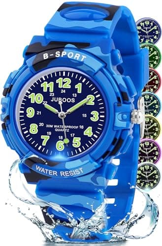 Image of Juboos Kids Watches for Boys and Girls, 7 Color Dial Waterproof Analog Quartz Watch with Soft Band, Time Teaching Watch for Kids 5-16 (Camouflage Blue)