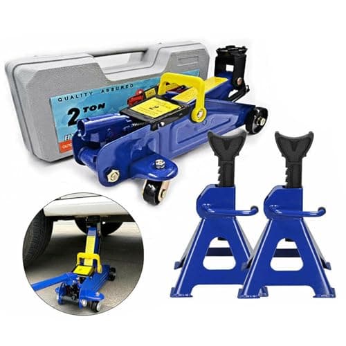 Image of SiKy 2 Tonne Heavy Duty Hydraulic Trolley Floor Jack & 3 Ton Axle Stands Pair of 2 For Car Caravan Van Vehicle Stand Lift (Car Jack Kit)