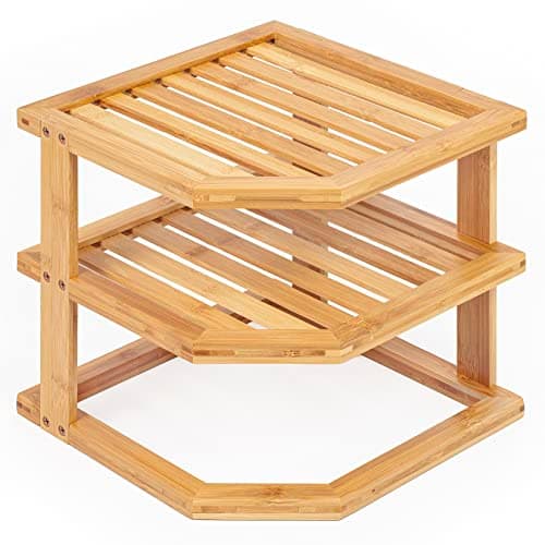Image of woodluv Corner Shelf Shelves Unit 3 Tier, Cupboard Organiser, Bathroom Shelf, Corner Organiser, Standing Storage Unit For Home, Living Room, Kitchen - Bamboo
