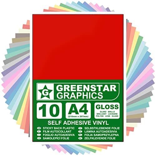 Image of GREENSTAR GRAPHICS Glossy A4 Sticky Back Plastic SELF Adhesive Art & Craft Vinyl (10 Sheet Pack). Compatible with 12” Cricut, Silhouette Cameo/Curio/Portrait, Scan N Cut (RED Gloss 10 A4)