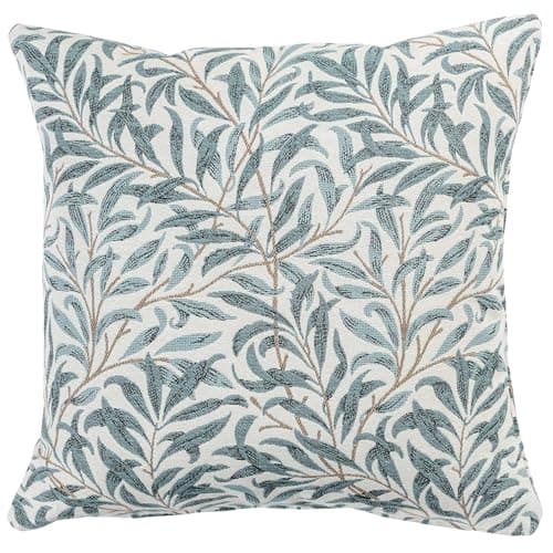 Image of Linen Loft Willow Branch Tapestry Cushion Cover in Duck Egg Blue. William Morris Style Botanical Leaf Print in Soft Blue. 17x17 Square Cover Only