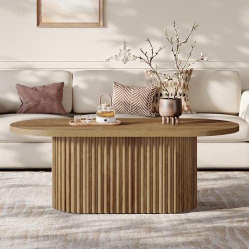 Image of Tribesigns Oval Coffee Table, 47.2" Farmhouse Wooden Center Table with Fluted Design for Living Room, Office, Apartment, Rustic Brown
