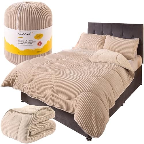 Image of Downland Huggleland Cosy Velvet Cord Reversible Coverless Duvet & 1 Pillowcase - 10.5 Tog Soft Bedding Set, Lightweight All-Season Quilt with Pillowcase, Machine Washable (Single, Cream)
