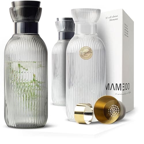 Image of MAMEIDO Water Carafe 1 l, Glass Carafe with Pour spout & Sieve, Hand-Blown Water jug with Noble Look for Special Occasions, carafes to give as a Gift (Smoke Black)