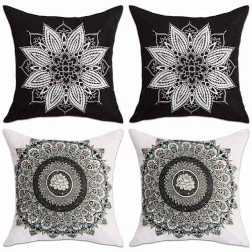 Image of Betadistor Cushion Covers 45x45 cm Set of 4 Luxurious Vintage Floral Double-Side Printed Cushion Cases Decorative Pillow Covers for Sofa Living Room, Grey and Black, 506-0122