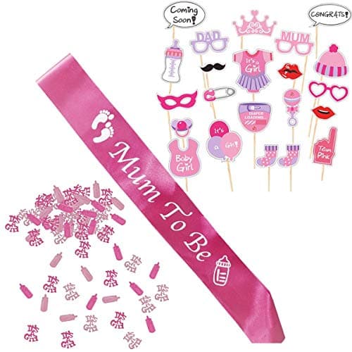 Image of Baby girl party for shower baby decoration little girl, baby shower for baby drink pink, newborns photo masks fantasy, mom becomes fuchsia scarf and confetti