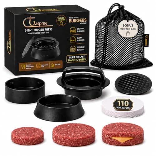 Image of Claspme Burger Press with 110 Wax Paper Sheets & Storage Mesh Bag - 3 in 1 Nonstick Hamburger Patty Maker for Perfect Round & Delicious Stuffed Burgers