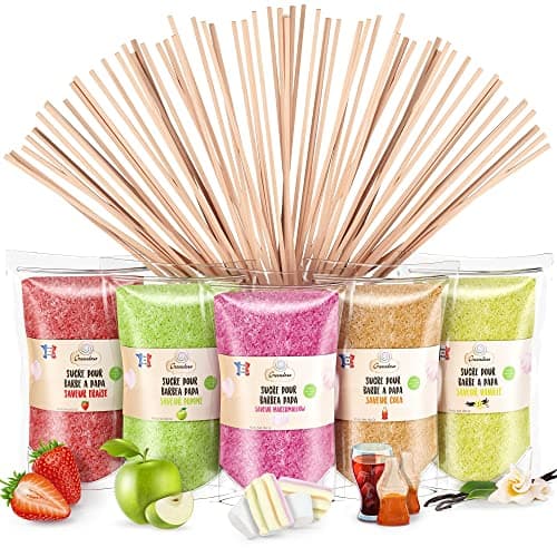 Image of GREENDOSO® Candy Floss Sugar For Machine (5x160g) - Pack of 5 Flavours (Strawberry/Cola/Apple/Marshmallow/Vanilla) - Natural Colourings & Flavours - 20 Sticks - MADE IN FRANCE