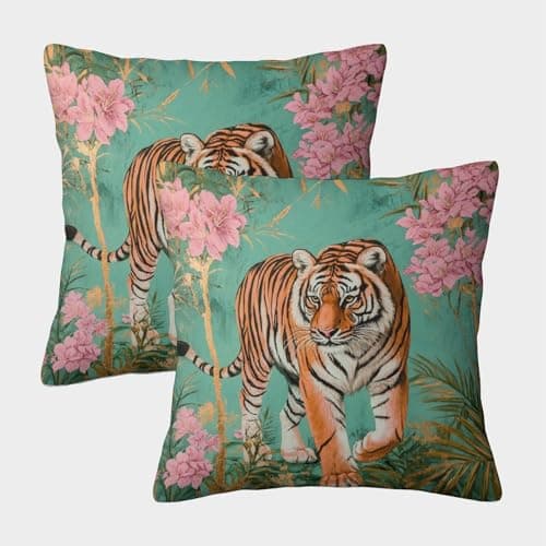 Image of 2 Pack Tiger Luxury Digital Printed Soft 3D Green Background Pink Gold Foil Vintage Themed Square Cushion Cover 45x45cm