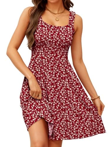 Image of Oyamiki Women Floral Summer Dress High Waist Sleeveless Vacation Dresses Summer Midi Sundress with Pockets Red L