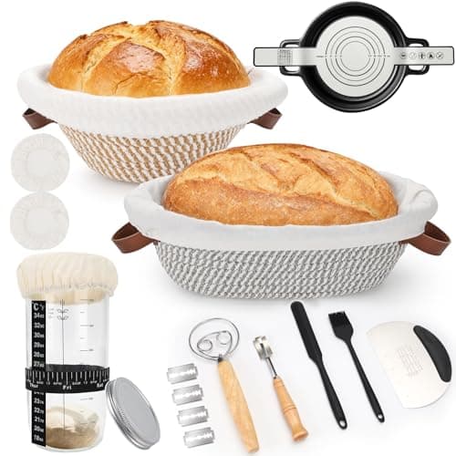 Image of 21PCS Bread Proofing Basket Starter Kit, 10 Inch Round & 12 Inch Oval Cotton Rope Banneton Bread Proving Basket with Sourdough Starter Jar Kit, Liners & Covers, Making Tools for Artisan Bread Baking
