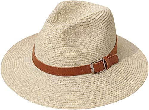 Image of DRESHOW Women Straw Panama Fedora Beach Sun Hat Wide Brim Straw Roll up Hat UPF 50+