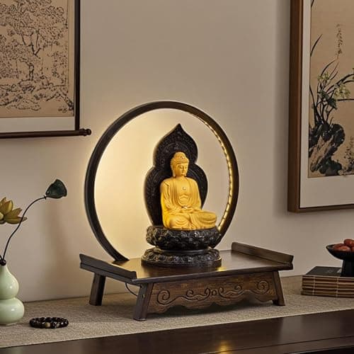 Image of DYUNCZ Tabletop Wooden Altar Table with LED Lamp Ring, Buddhist Shrine, Small Meditation Table, Buddha Statue Sculpture Display Stand Pedestal, for Living Room Entrance Office(Brown,40cm/16in)