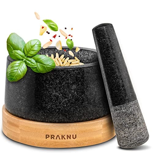 Image of Praknu Pestle and Mortar Granite 15cm – Extra Long Pestle & Elegant FSC® Wooden Base – Perfect for Spices, Herbs or Nuts – Easy to Clean – Large