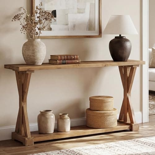 Image of TRIBEWOOD Solid Wood Console Table for Entryway, 63-Inch Narrow Farmhouse Entryway Table with Storage, 2-Tier Sofa Console Behind Couch, for Living Room, Hallway, Easy Assembly, Rustic Brown
