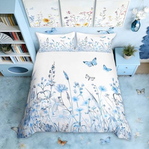 Image of Homemissing Blue Flowers Pattern Duvet Cover Set Single Size for Girls Adults Women Kids Butterflies Print Bedding Set Garden Flower Comforter Cover with 1 Pillowcases Nature Theme Zipper