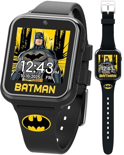Image of Accutime Kids DC Comics Batman Superman Wonder Woman Justice League Educational Learning Touchscreen Smart Watch for Boys, Girls and Toddlers - Selfie Cam, Learning Games,Alarm,Calculator Pedometer