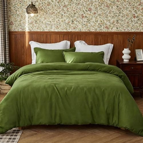 Image of Simple&Opulence Linen Duvet Cover Double,Natural Linen Cotton Duvet Cover with Pillowcase,Duble Size Bedding Set,Soft Warm Breathable Bed Quilt Cover with Button Closure,200x200cm,Forest Green