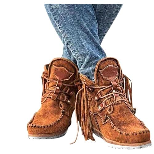 Image of Generic Women's Brown Suede Tassel Flat Chelsea Boots, Ethnic Bohemian Vintage Suede Tassel Wide Fit Cowboy Boots, Fashion Short Booties Size 6 UK