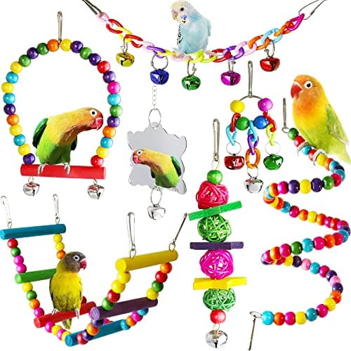 Image of 7 Pcs Bird Budgie Toys, ESRISE Hanging Bell Parrot Cage Swing Climbing Ladders Wooden Perch Chewing Toy for Conures, Love Birds, Small Parakeets, Cockatiels (Muliti-B)