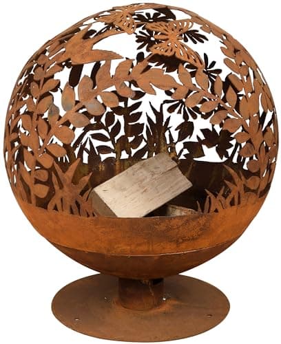 Image of Esschert Design FF294 Fallen Fruits Oxidised Woodland Globe Speher, Fire Pit Basket Bowl Cast Iron (Basket Bowl 'Flowers'), Ochre, Ø 57 cm