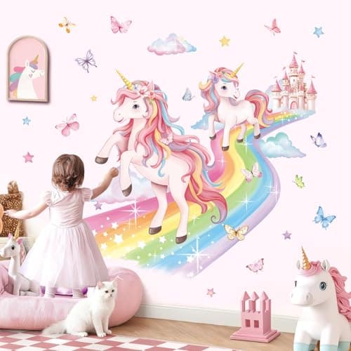 Image of decalmile 2 Large Unicorn Rainbow Wall Decals Fairy Castle Cloudy Butterfly Wall Stickers Girls Bedroom Baby Nursery Kids Room Home Decor