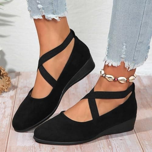Image of Balerina Shoes Women's Elegant,Women's Crisscross Strap Wedge Shoes Ballet Flats,Elegant Suede Comfy Slip on Flats,Womens Round Toe Ballet Wedge Dress Shoe,Ballet for Women