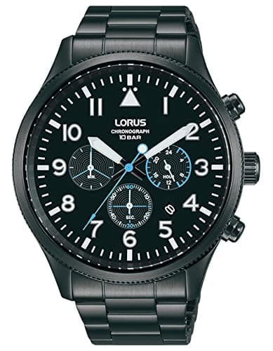 Image of Lorus Mens Aviator Chronograph Watch with Black Stainless Steel Strap & Dial
