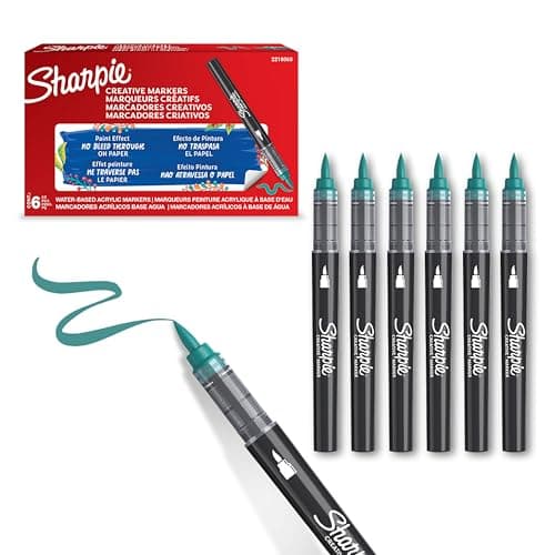 Image of Sharpie Creative Marker Acrylic Paint Pens | Brush Tip Water-Based Paint Markers | Emerald Green | No-Bleed Ink Writes on Most Surfaces | Crafting & Art Supplies | 6 Count