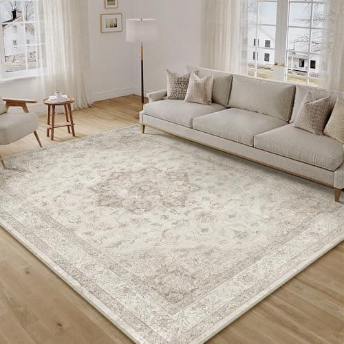 Image of PureCozy Vintage Washable Beige Rugs Living Room Area Rug 160x230cm Bedroom Large Non Slip Soft Carpet Kitchen Bedroom Dining Room Office Indoor Low Pile Carpets