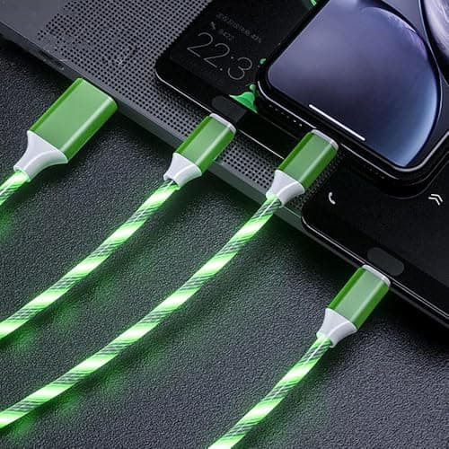 Image of Aiivioll 3-in-1 Flowing LED Charging Cable - Fast USB Charger Cord for iPhone, Samsung, Android Phones, Tablets - Compatible with Micro USB/Type-C/Lightning (Green, 2m)