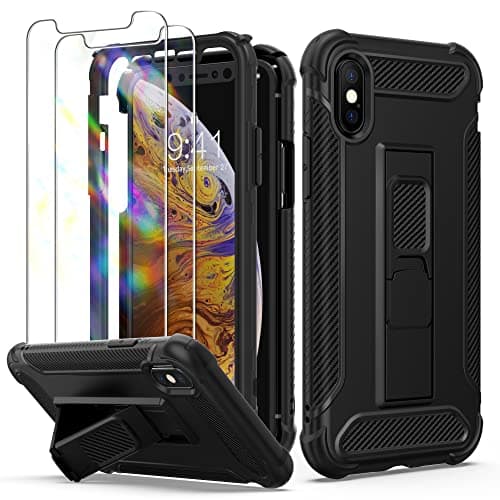 Image of ORETECH Designed for iPhone X Case, and [2 x Tempered Glass Screen Protectors] [Heavy Duty Protection] [Kickstand & Phone Holder] Full Body Shockproof Protective Cover for iPhone XS - Black